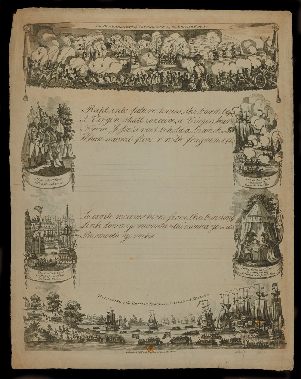 Bombardowanie Kopenhagi przez siły brytyjskie i lądowanie sił brytyjskich na Wyspie Zelandii, opublikowane przez T. i R. Hughes w 1807 r. autorstwa English School