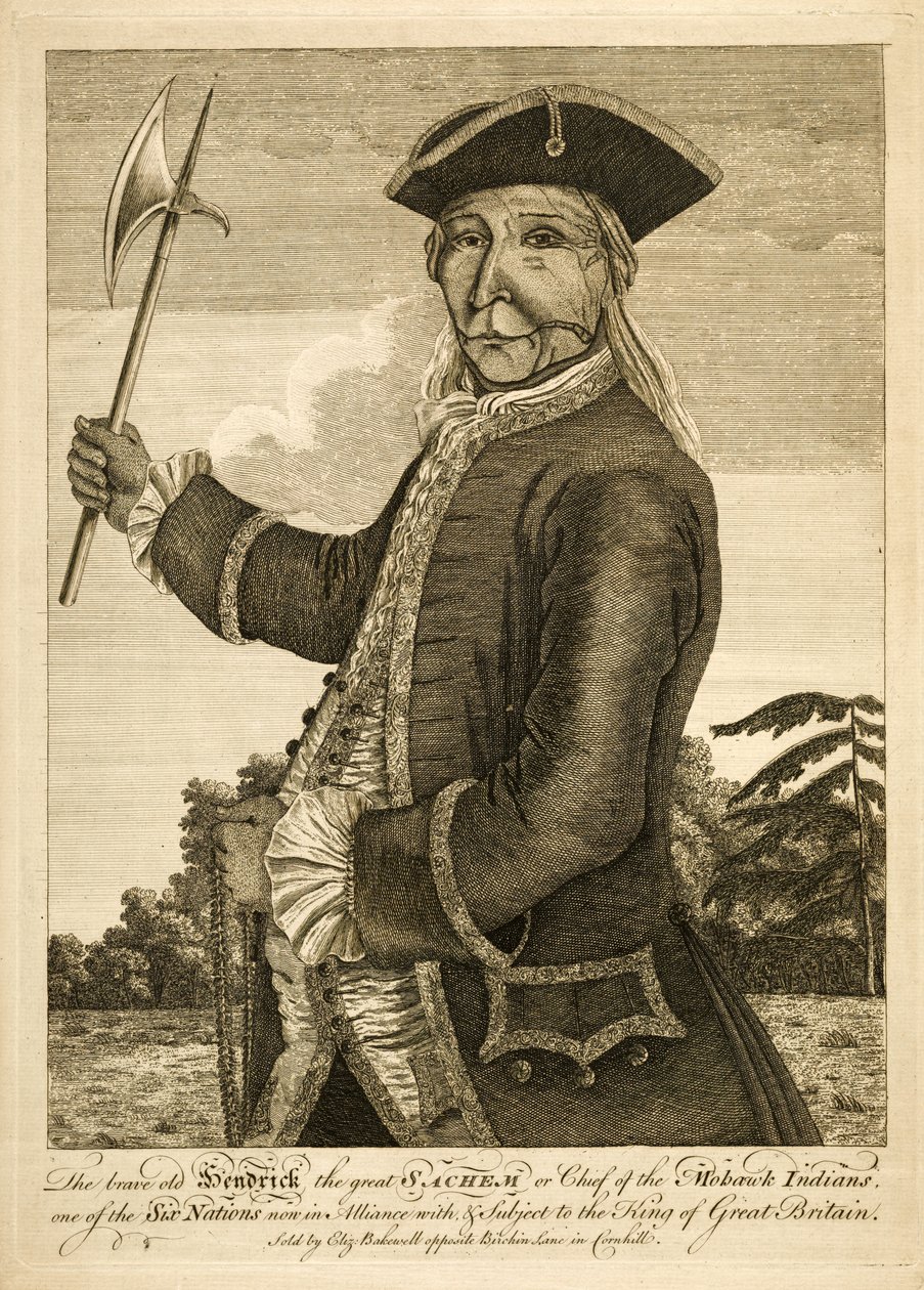 Odważny stary Hendrick Wielki Sachem lub Wódz Indian Mohawk, wyd. 1755 (rycina) autorstwa English School