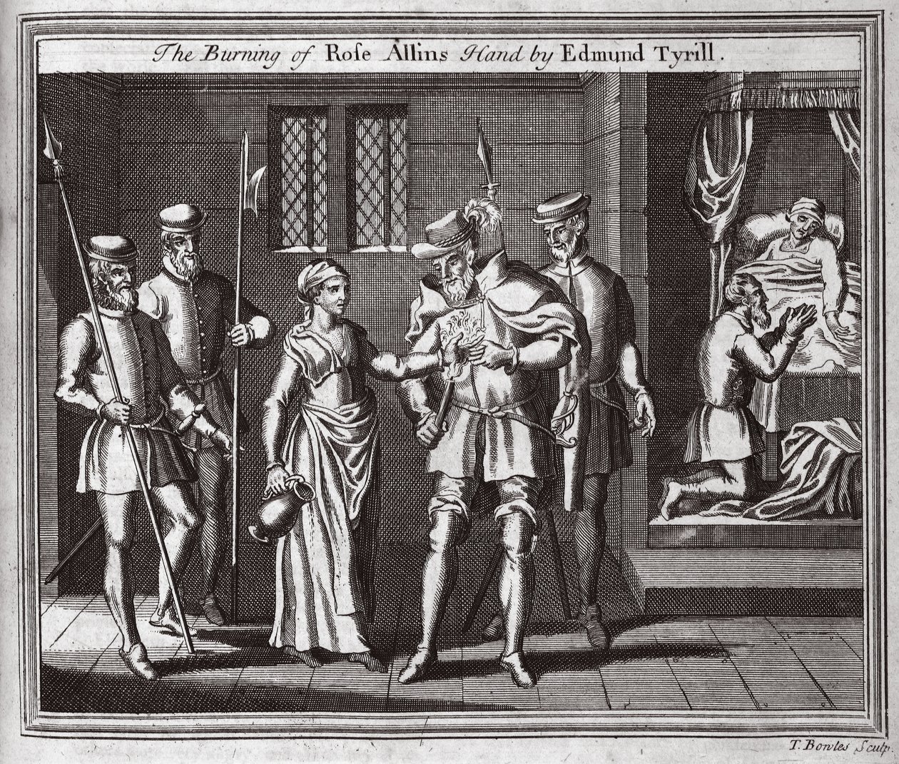 Palenie ręki Rose Allins przez Edmunda Tyrilla, ilustracja z Foxes Martyrs c.1703 autorstwa English School