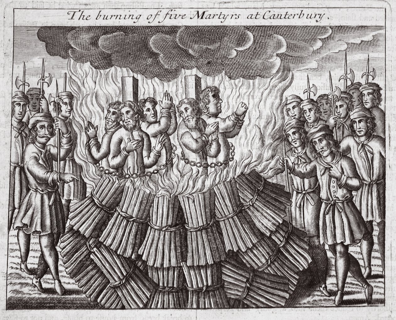 Spalenie pięciu męczenników w Canterbury, ilustracja z "Acts and Monuments" Johna Foxe