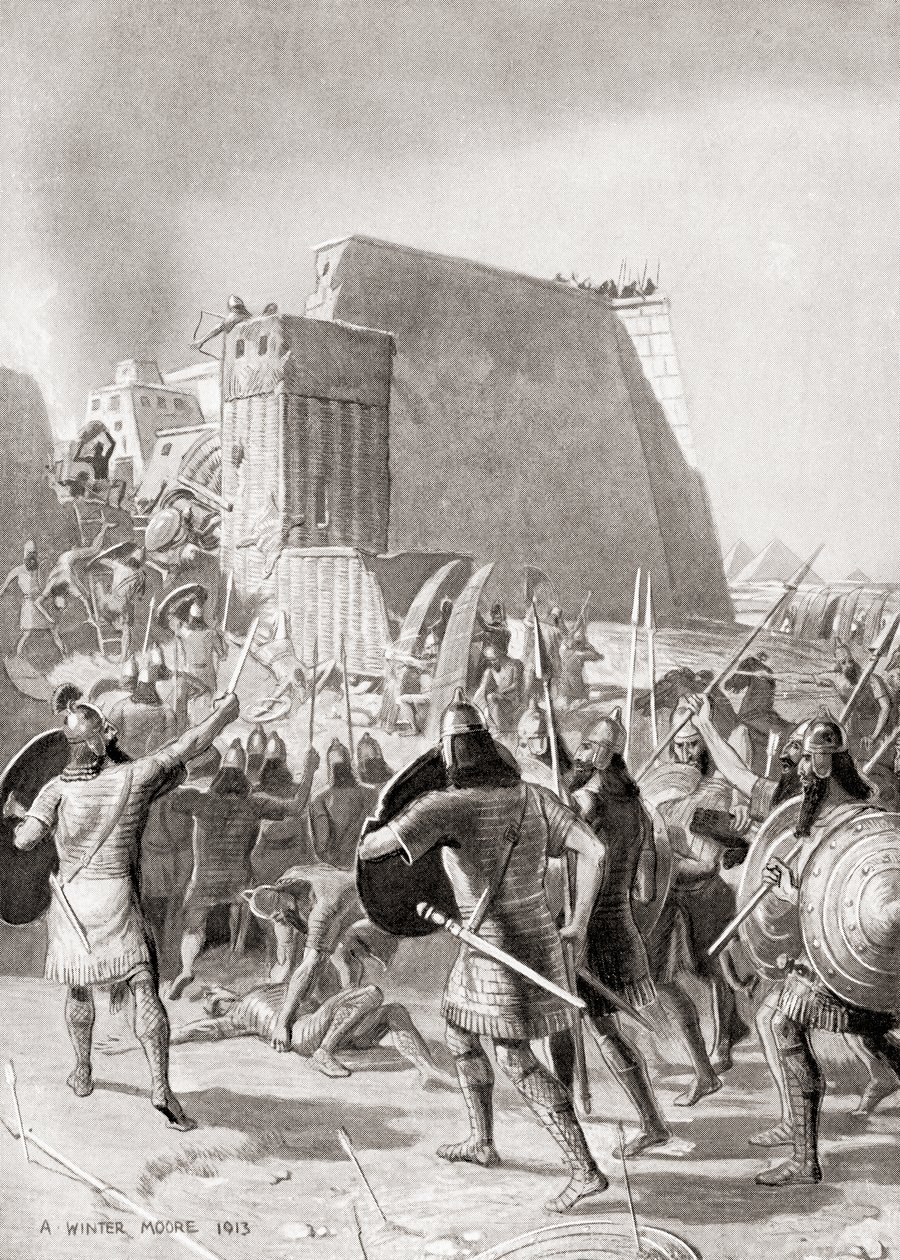 Zdobycie Memfis w Egipcie przez asyryjskiego króla Asarhaddona, 671 pne, z Historii Narodów Hutchinsona, wyd. 1915 autorstwa English School
