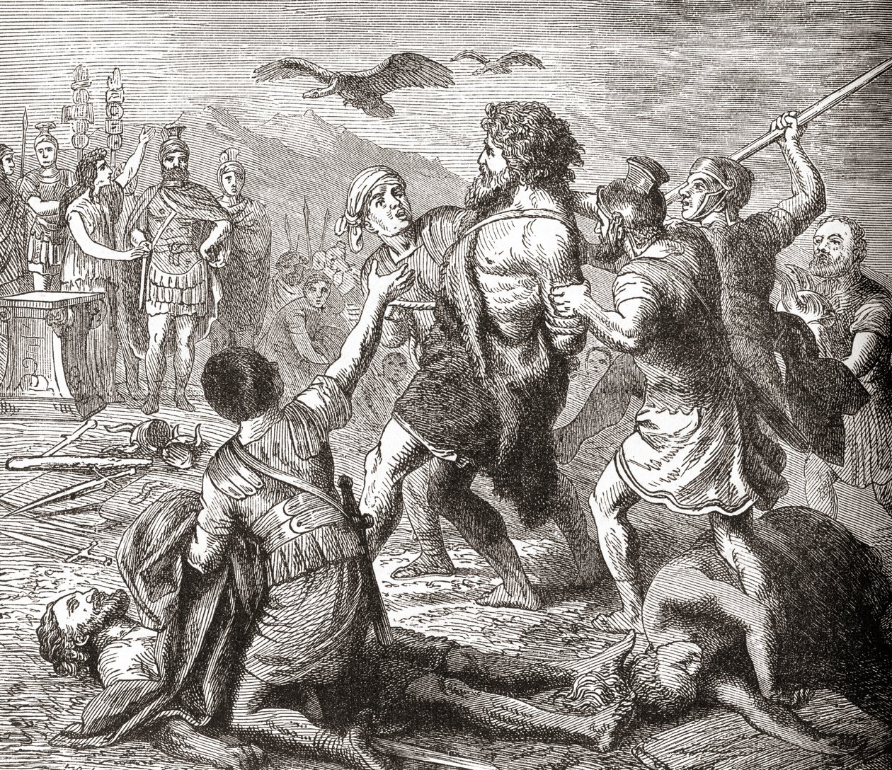 Schwytanie Teutobochusa, legendarnego olbrzyma i króla Teutonów, z Ilustrowanej historii świata Warda i Locka, wyd. ok. 1882 r autorstwa English School