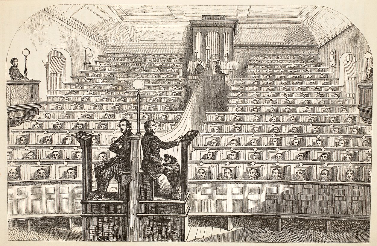 Kaplica, w systemie osobnym, w więzieniu Pentonville, podczas nabożeństwa, ilustracja z The Criminal Prisons of London i Scenes from Prison Life autorstwa Henry