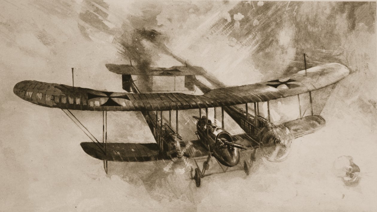 Nadchodzi wielki samolot bojowy: dwupłatowy niemiecki dwupłatowiec, z którym walczyli brytyjscy lotnicy, z The Illustrated War News autorstwa English School