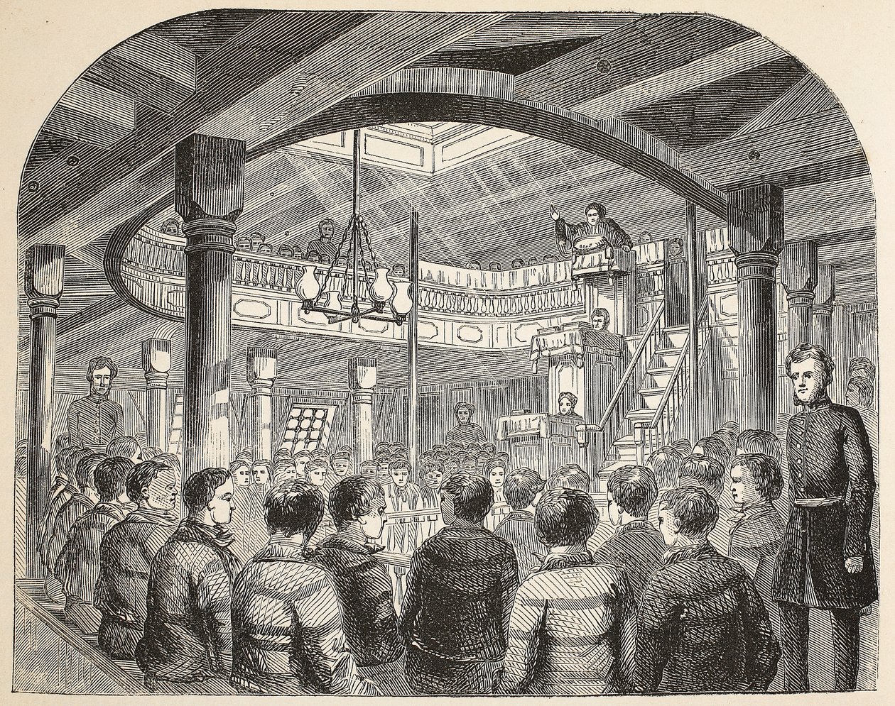 Kaplica skazańców na pokładzie statku Defense w Woolwich, ilustracja z The Criminal Prisons of London i Scenes from Prison Life autorstwa Henry
