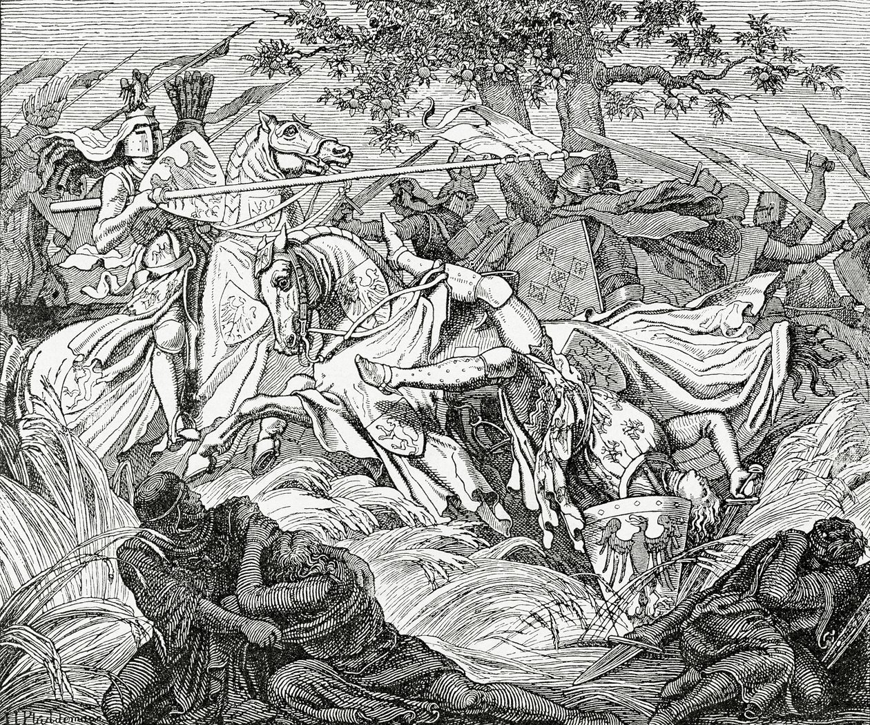 Śmierć Manfreda w bitwie pod Benewentem, 26 lutego 1266, 1882 r. autorstwa English School