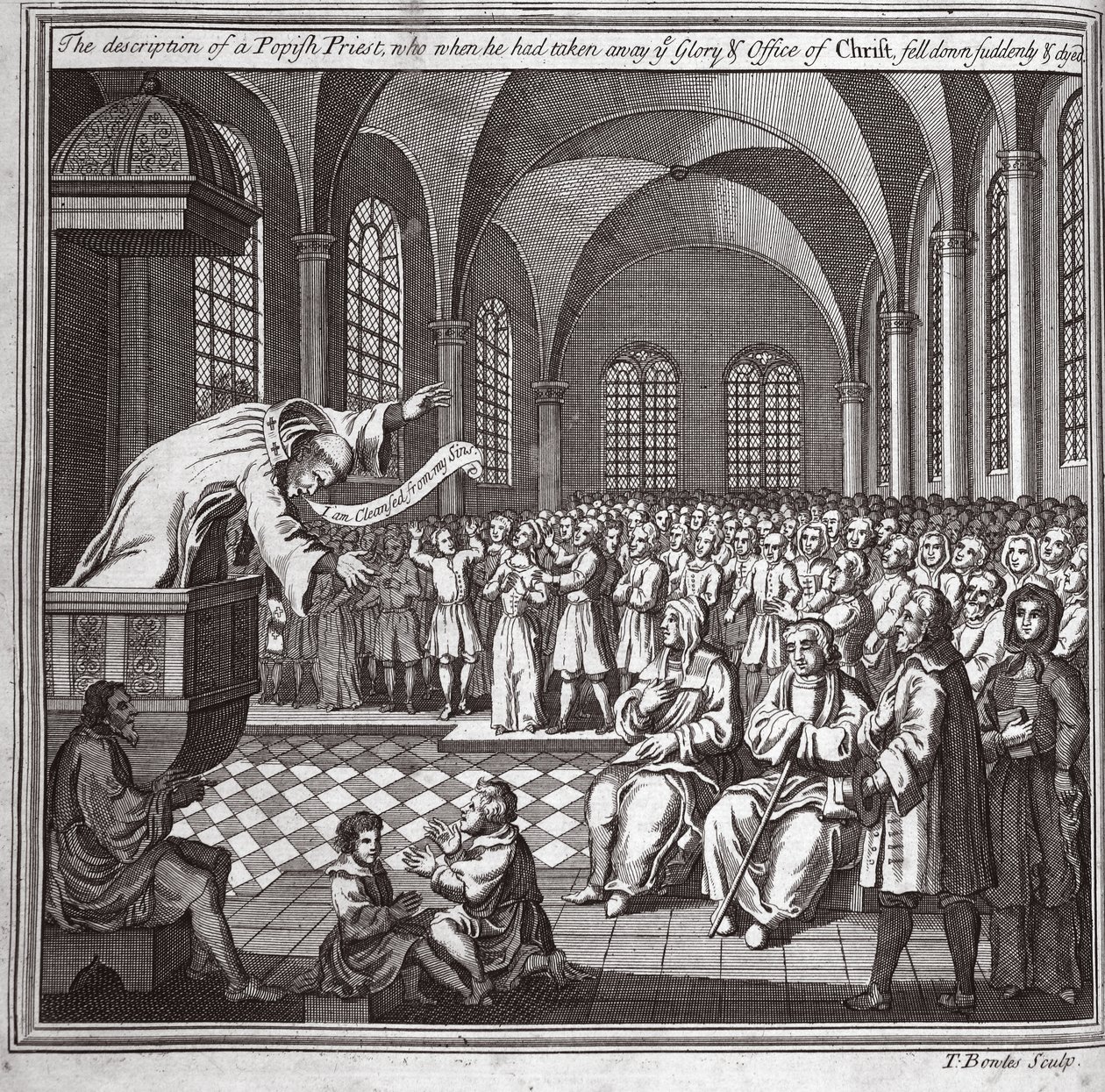 Opis kapłana papieskiego, który odebrał Chwałę i urząd Chrystusowy, upadł nagle i umarł, ilustracja z Foxes Martyrs c.1703 autorstwa English School