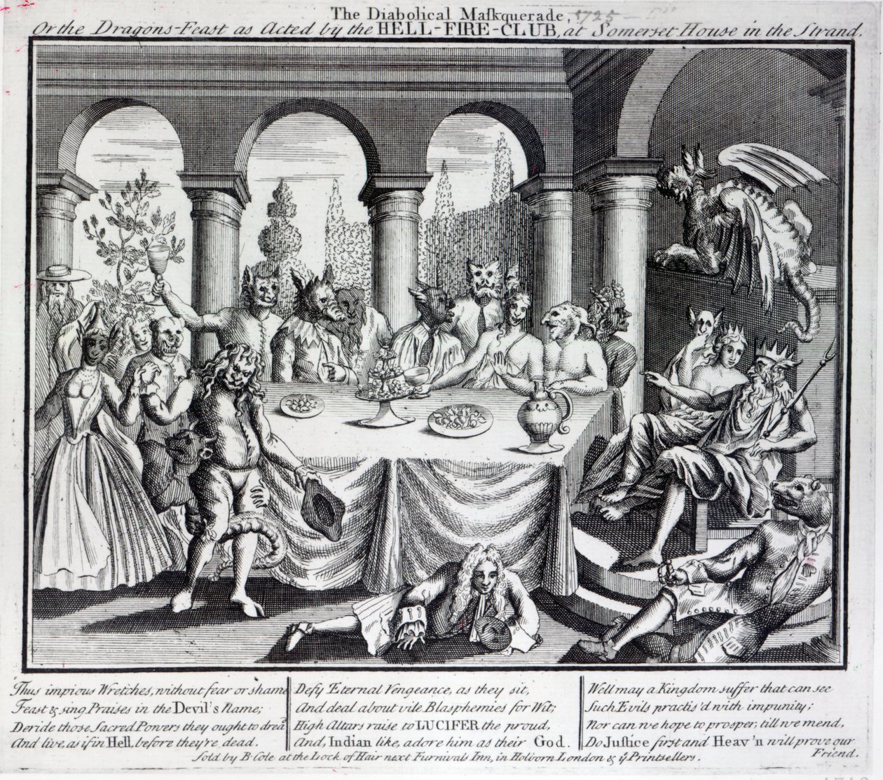 Diaboliczna maskarada, czyli uczta smoków w wykonaniu Klubu Ognia Piekielnego, w Somerset House na Strandzie, ok. 1721 r. autorstwa English School