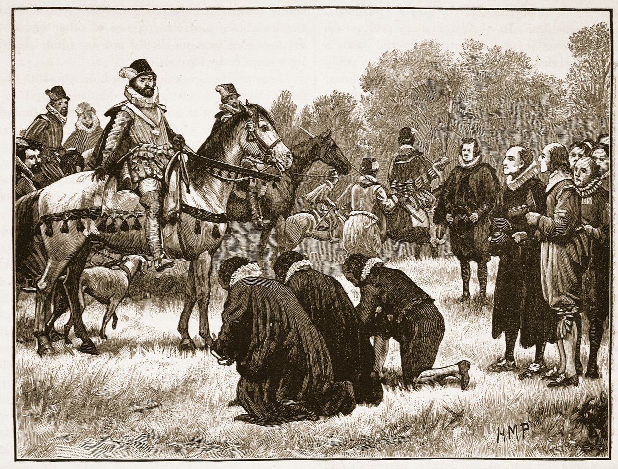 Zbuntowani duchowni przedstawiający swoją prośbę do Jakuba, ilustracja z Cassells Illustrated History of England (zdjęcie w sepii) autorstwa English School