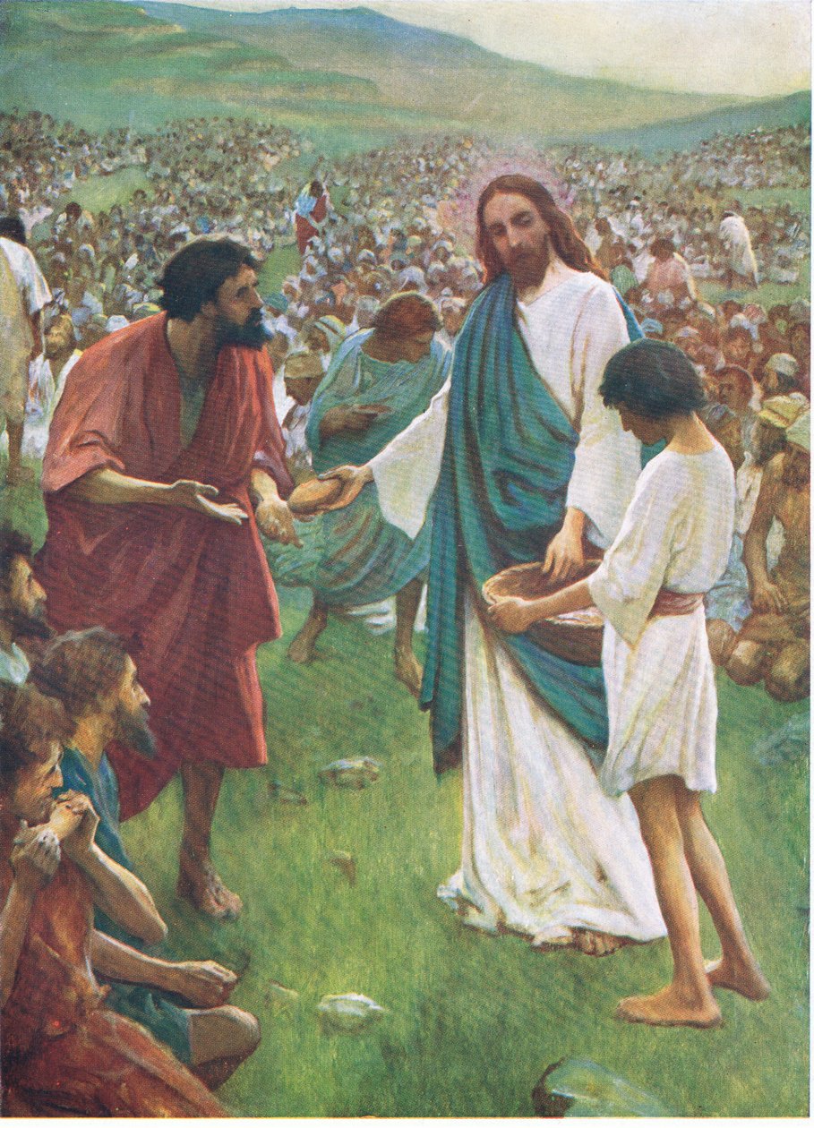 Nakarmienie pięciu tysięcy, z książki The Bible Picture Book opublikowanej przez Thomas Nelson, ok. 1950 r. (kolorowa litografia) autorstwa English School