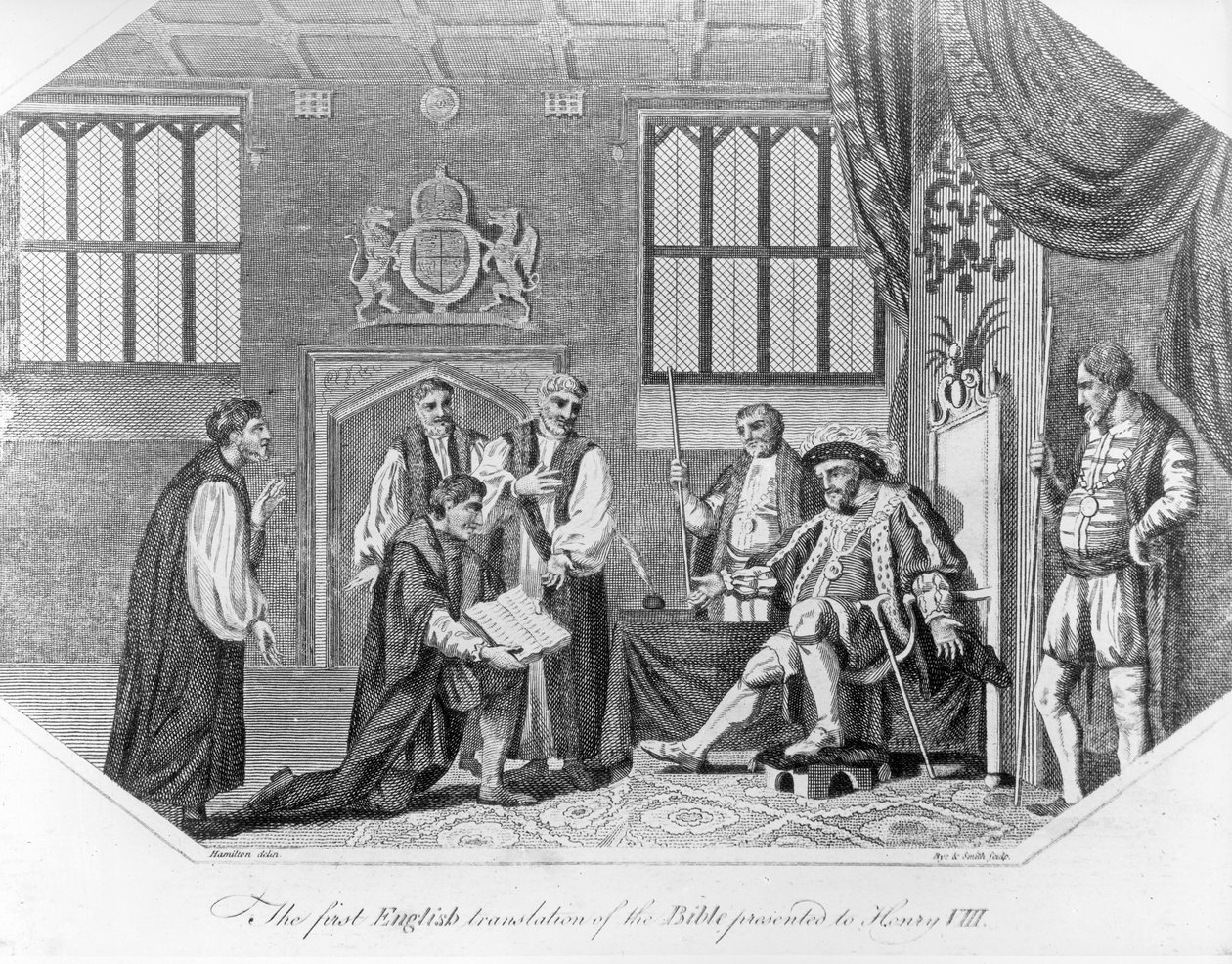Pierwszy angielski przekład Biblii przedstawiony Henrykowi VIII, 1824 r. autorstwa English School