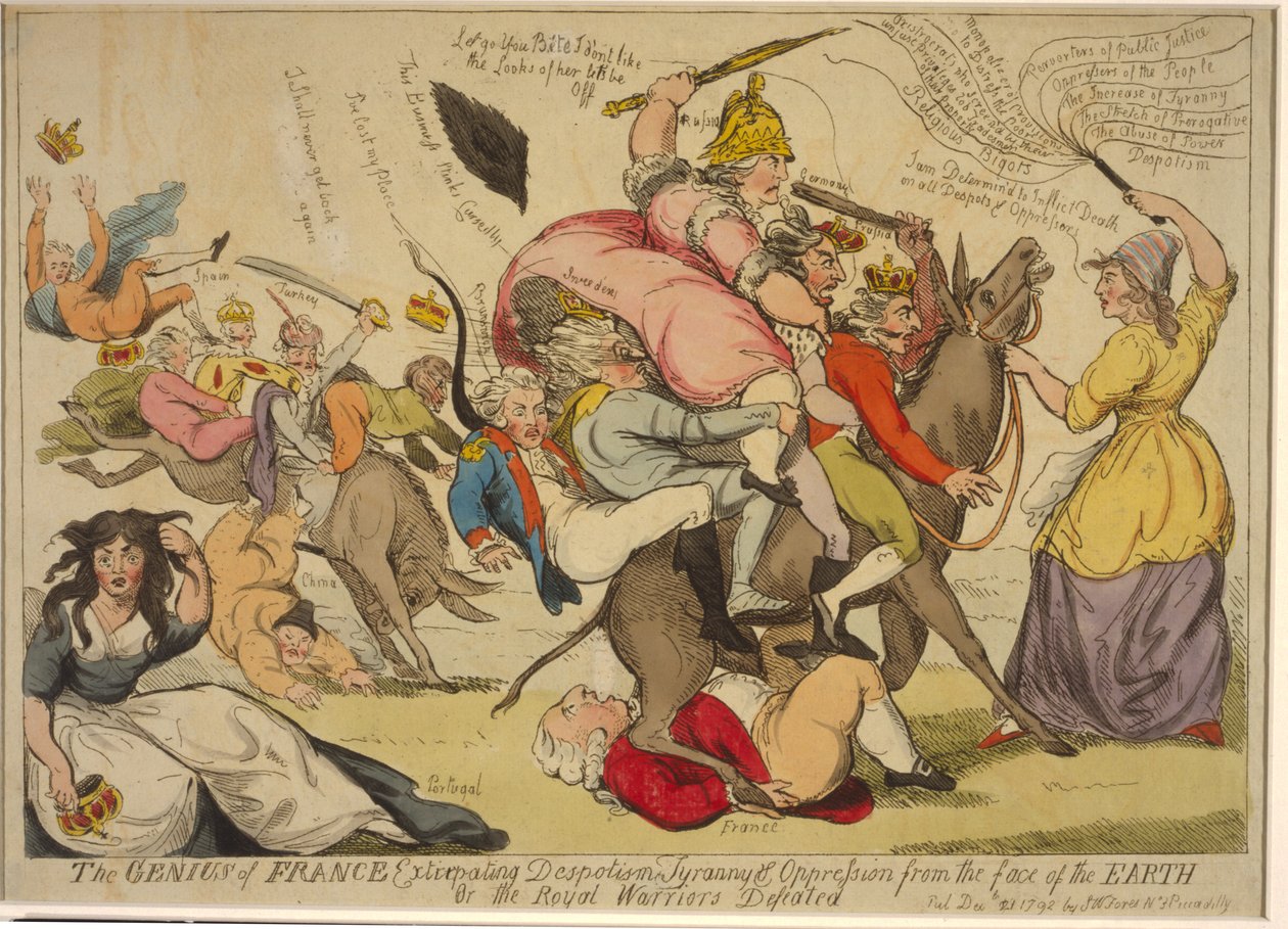 Geniusz Francji wykorzeniający despotyzm, tyranię i ucisk z powierzchni ziemi Lub pokonani królewscy wojownicy, 1792 (akwaforta ręcznie kolorowana) autorstwa English School