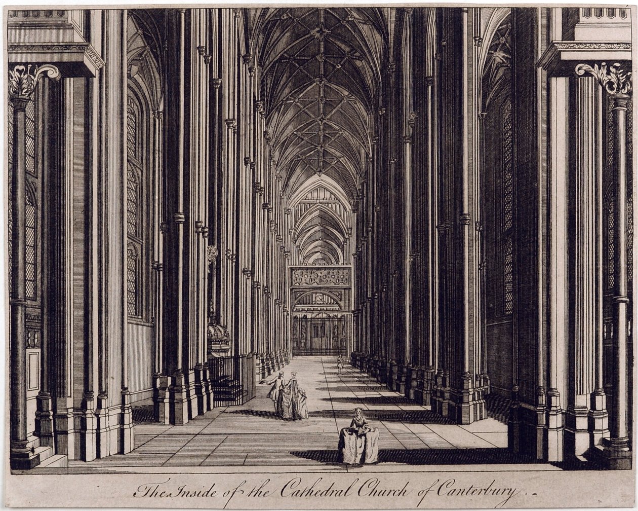 Wnętrze katedry w Canterbury”, z widokiem na nawę, od strony zachodniej, ok. 1700-43 autorstwa English School