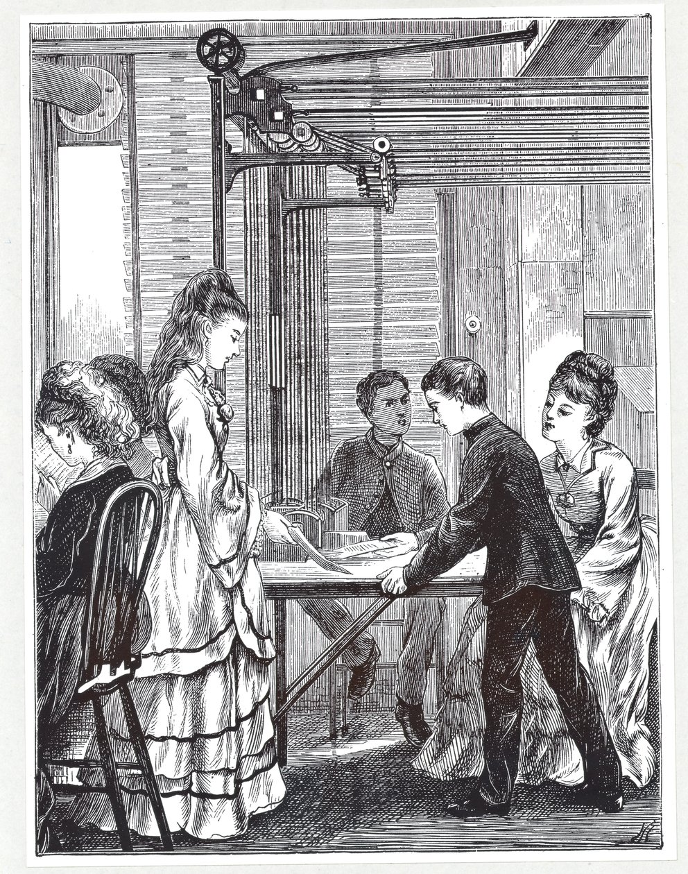 Przyrządy do przenoszenia wiadomości w Post Office Telegraph Headquarters, Telegraph Street, Londyn, z The Graphic, 1871 autorstwa English School