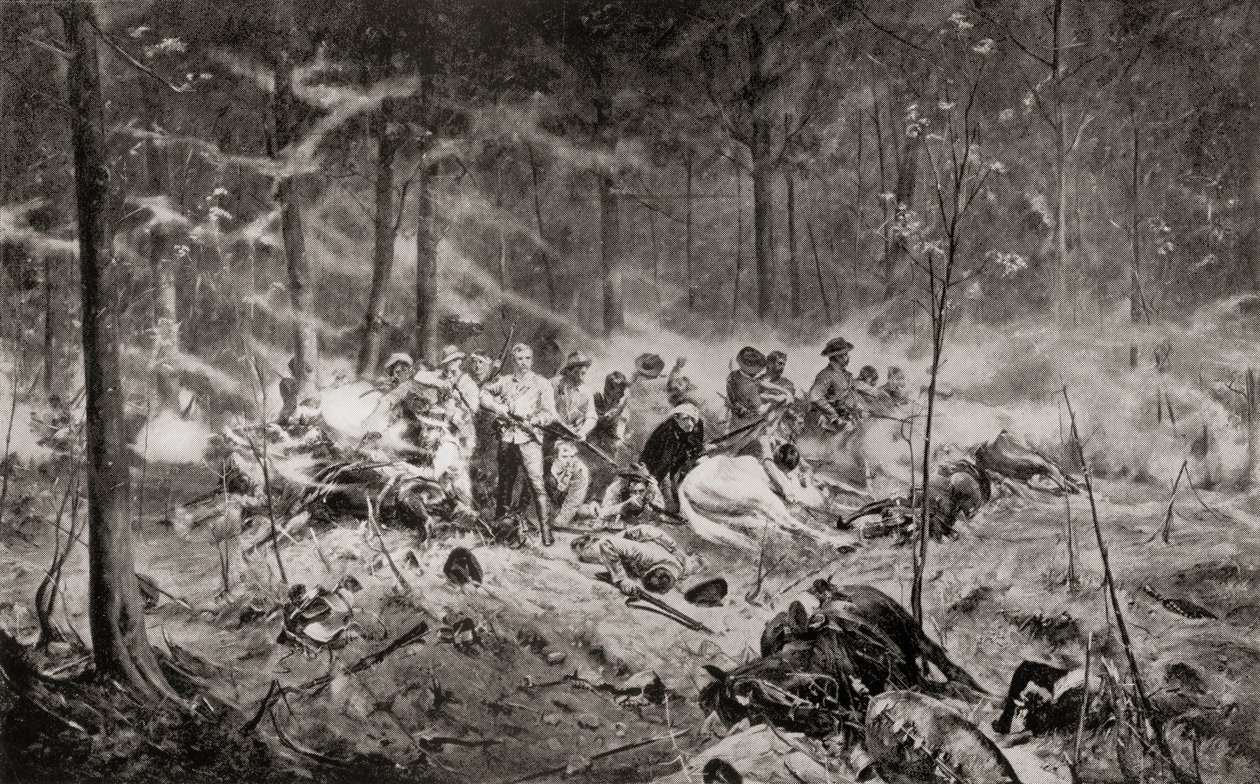 Ostatni bastion majora Allana Wilsona na rzece Shangani w Matabelelandzie podczas pierwszej wojny w Matabele w 1893 r., według obrazu Allana Stewarta z książki „Republika Południowej Afryki i wojna w Transwalu: tom. 1