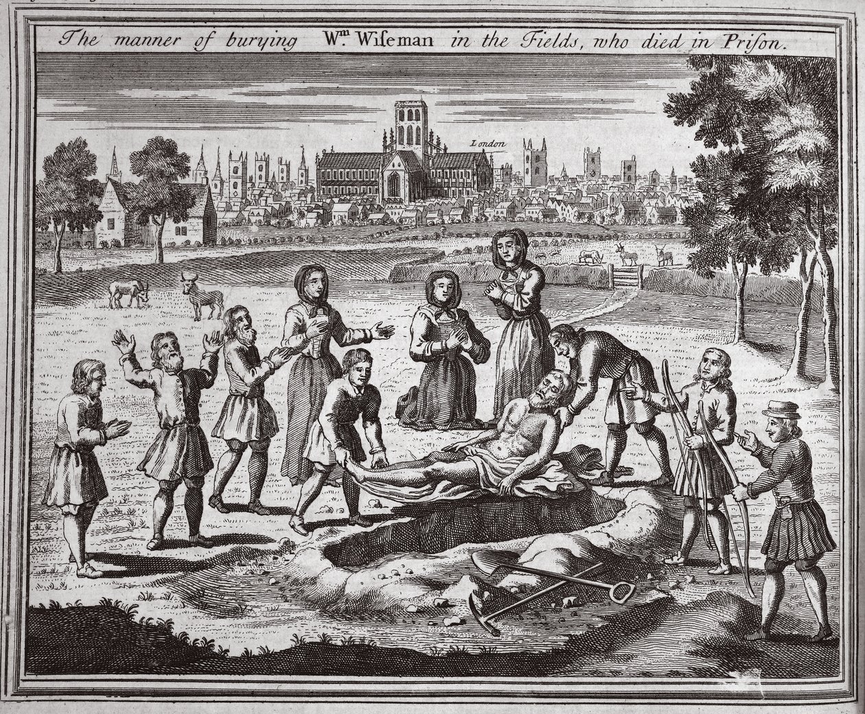 Sposób chowania na polach Wm Wisemana, który zmarł w więzieniu, ilustracja z Foxes Martyrs c.1703 autorstwa English School