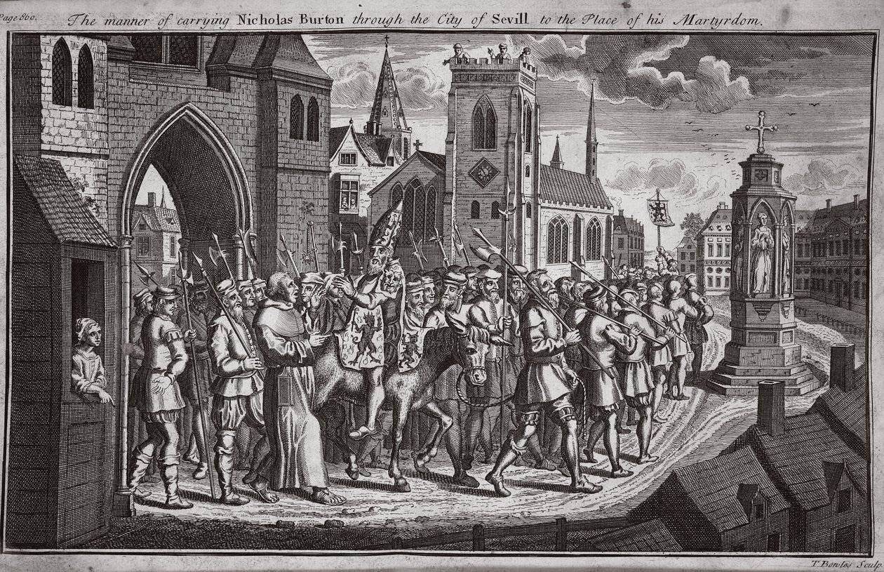 Sposób przeprowadzenia Nicholasa Burtona przez Sewillę na miejsce jego męczeństwa, ilustracja z Foxes Martyrs c.1703 autorstwa English School