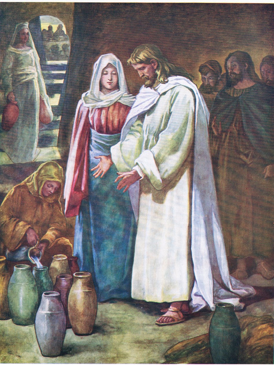 Zaślubiny w Kanie Galilejskiej, z książki The Bible Picture Book opublikowanej przez Thomas Nelson, ok. 1950 r. (kolorowa litografia) autorstwa English School