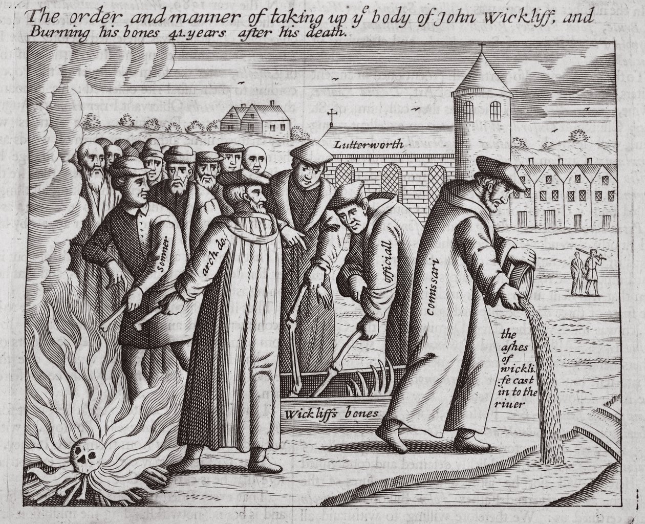 Kolejność i sposób zabrania ciała Johna Wickliffa i spalenia jego kości 44 lata po jego śmierci, ilustracja z Acts and Monuments Johna Foxe