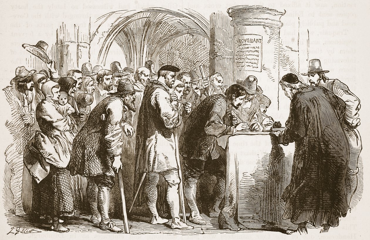 Ludzie podpisujący Przymierze w kościele St. Giles w Edynburgu, ilustracja z Cassells Illustrated History of England (zdjęcie w sepii) autorstwa English School