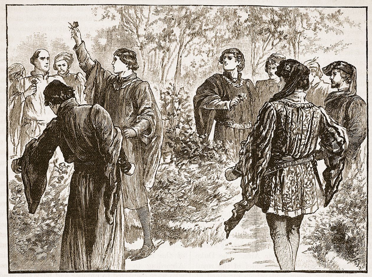 Kłótnia w ogrodach świątynnych, ilustracja z Cassells Illustrated History of England (zdjęcie w sepii) autorstwa English School