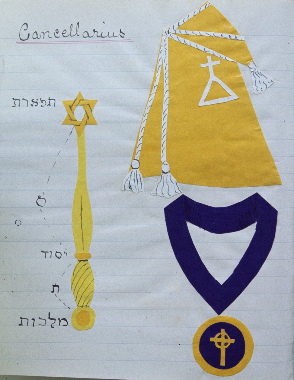 Szata (z symbolem Zakonu) i regalia Sekretarza (Cancellarius) Hermetycznego Zakonu Złotego Brzasku, ok. 1895 (kolaż) (patrz także 212698) autorstwa English School