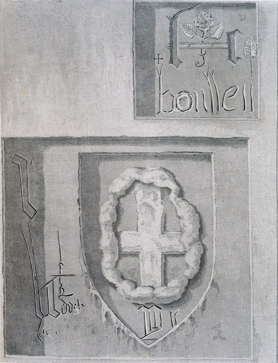 Podpis Anny Boleyn z Różą Tudorów podczas jej uwięzienia w Tower of London oraz rzeźbienie krzyża przez innych więźniów, 1815 autorstwa English School
