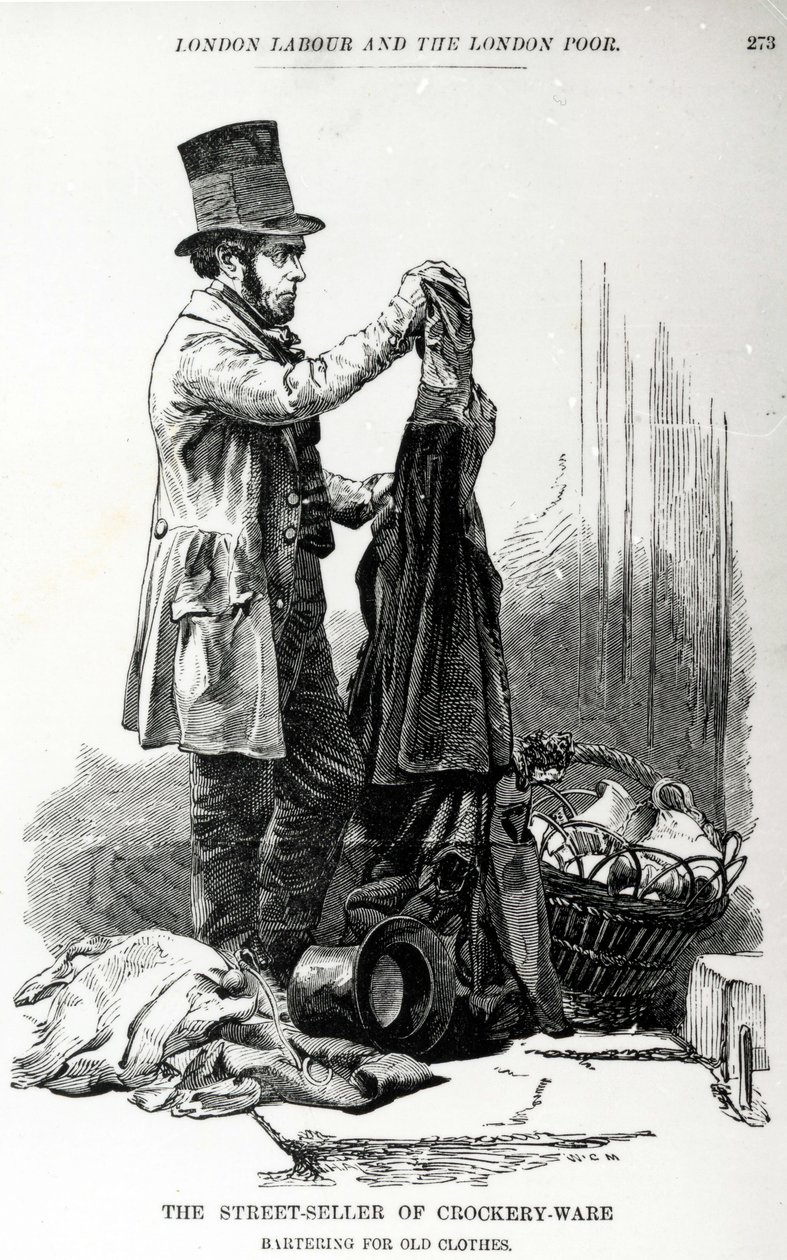 Sprzedawca uliczny naczyń stołowych wymieniający stare ubrania, ok. 1840 r. autorstwa English School