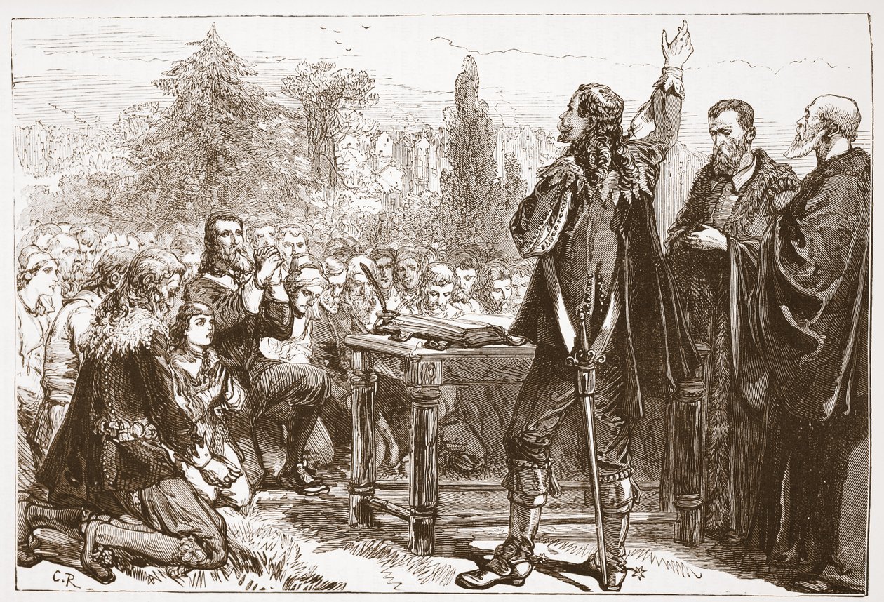 Zaprzysiężenie i zapisanie Przymierza Narodowego w Greyfriars Churchyard w Edynburgu, ilustracja z Historii protestantyzmu Jamesa Aitkena Wylie (1808-1890), wyd. 1878 autorstwa English School