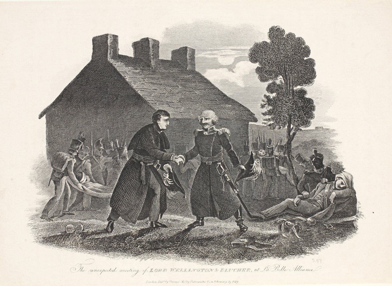 Nieoczekiwane spotkanie Lorda Wellingtona i Bluchera w La Belle Alliance, wyd. T. Kelly, 1811 r. autorstwa English School