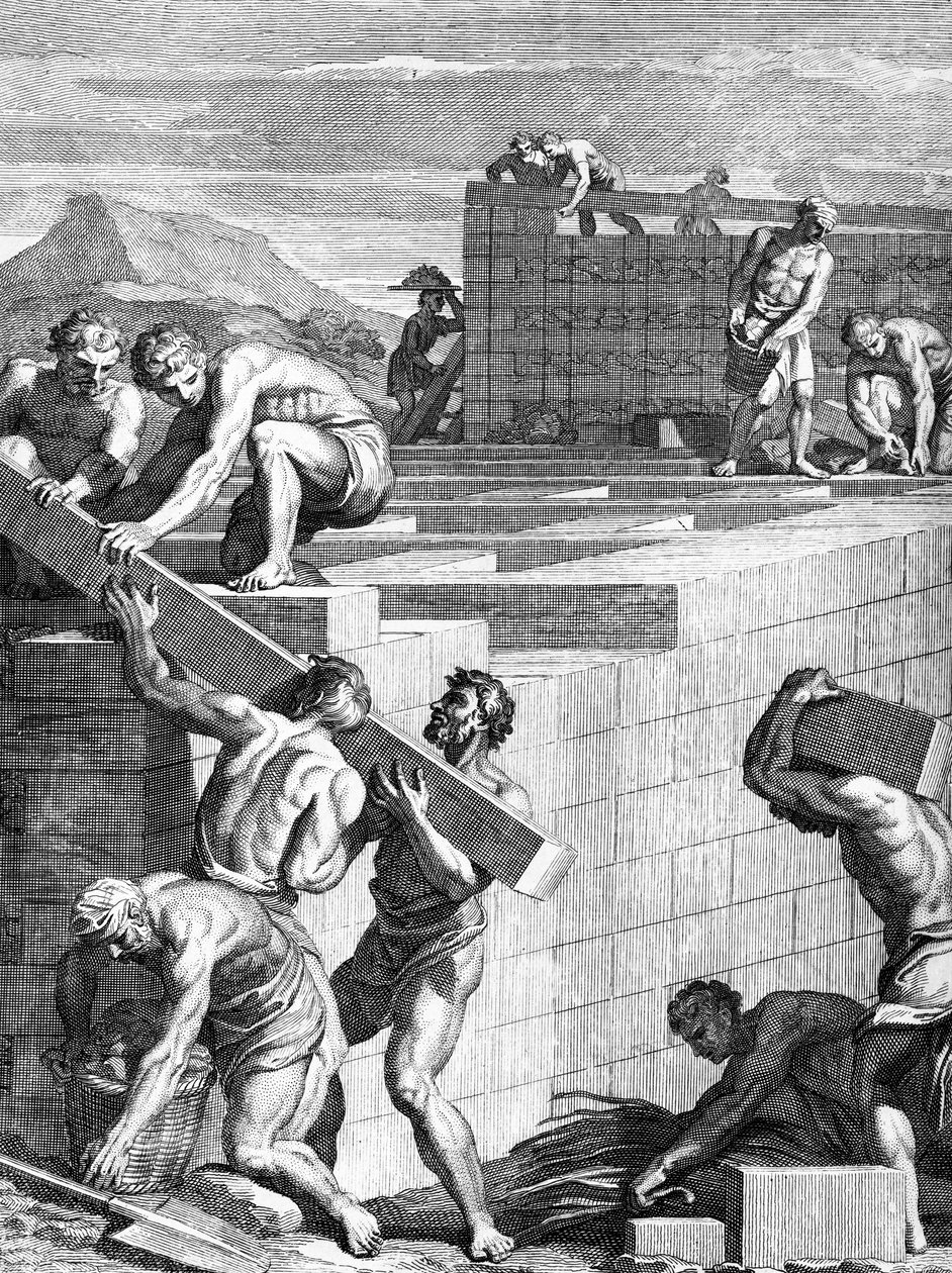 Mury miast wśród Galów zbudowane są z alternatywnych przebiegów kamieni i belek, rytowanych przez Cornelisa Huybertsa, ilustracja do Caesars Commentaries przetłumaczonej na język angielski przez Williama Duncana, autorstwa English School