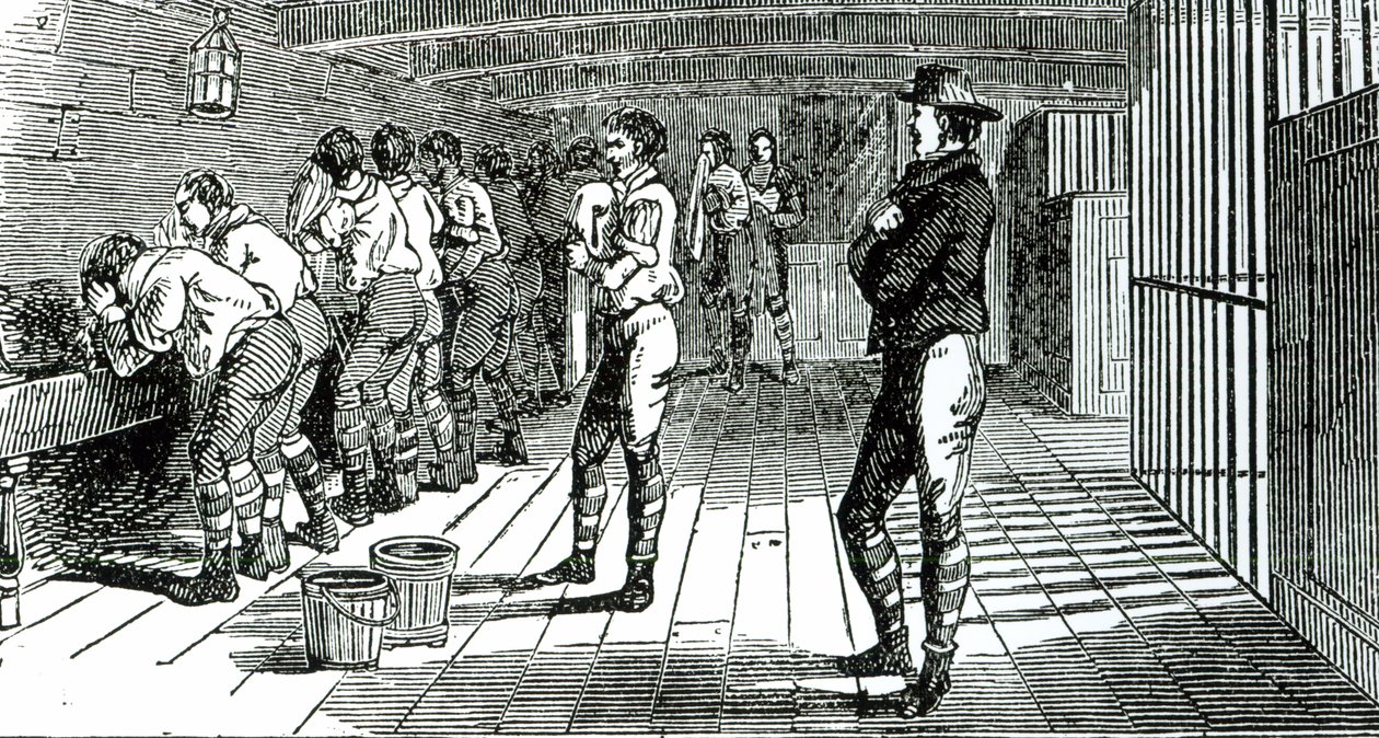Umywalnia pod pokładem - transport skazanych związkowców do Australii, ilustrowany w The Martyrs of Tolpuddle, opublikowanym przez Trades Union Congress, 1834 autorstwa English School