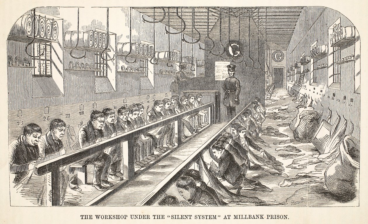 Warsztaty Cichy system w więzieniu Millbank, ilustracja z The Criminal Prisons of London i Scenes from Prison Life Henry