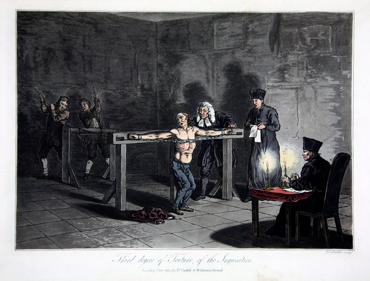 Trzeci stopień tortur Inkwizycji, wyryty przez L.C. Stadler, wyd. Cadell & Davies, Londyn, ok. 1813 (kolorowy grawer) autorstwa English School