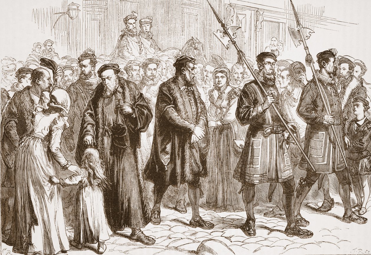 Thomas Bilney w drodze na stos, ilustracja z „Historii protestantyzmu” Jamesa Aitkena Wyliego (1808-1890), wyd. 1878 (grawerowanie) autorstwa English School