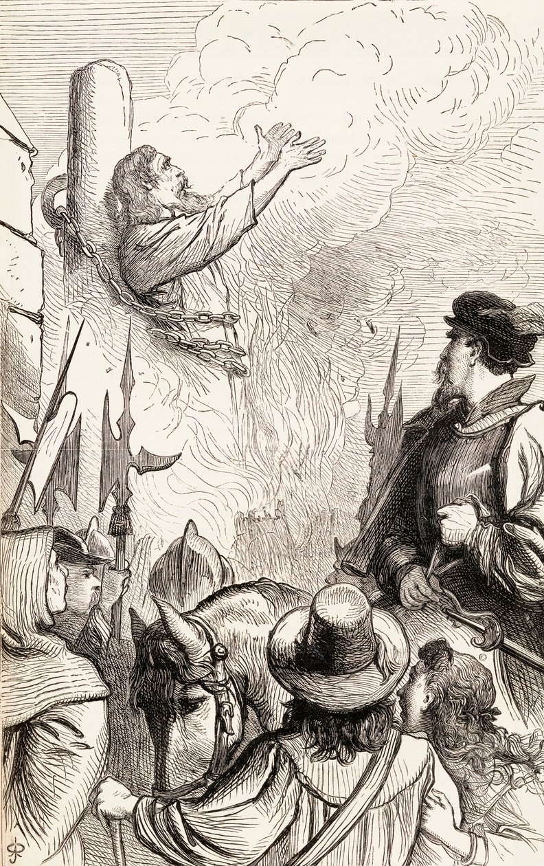 Thomas Hawkes spłonął na stosie podczas prześladowań maryjnych, ok. 1865 r. (drewno) autorstwa English School