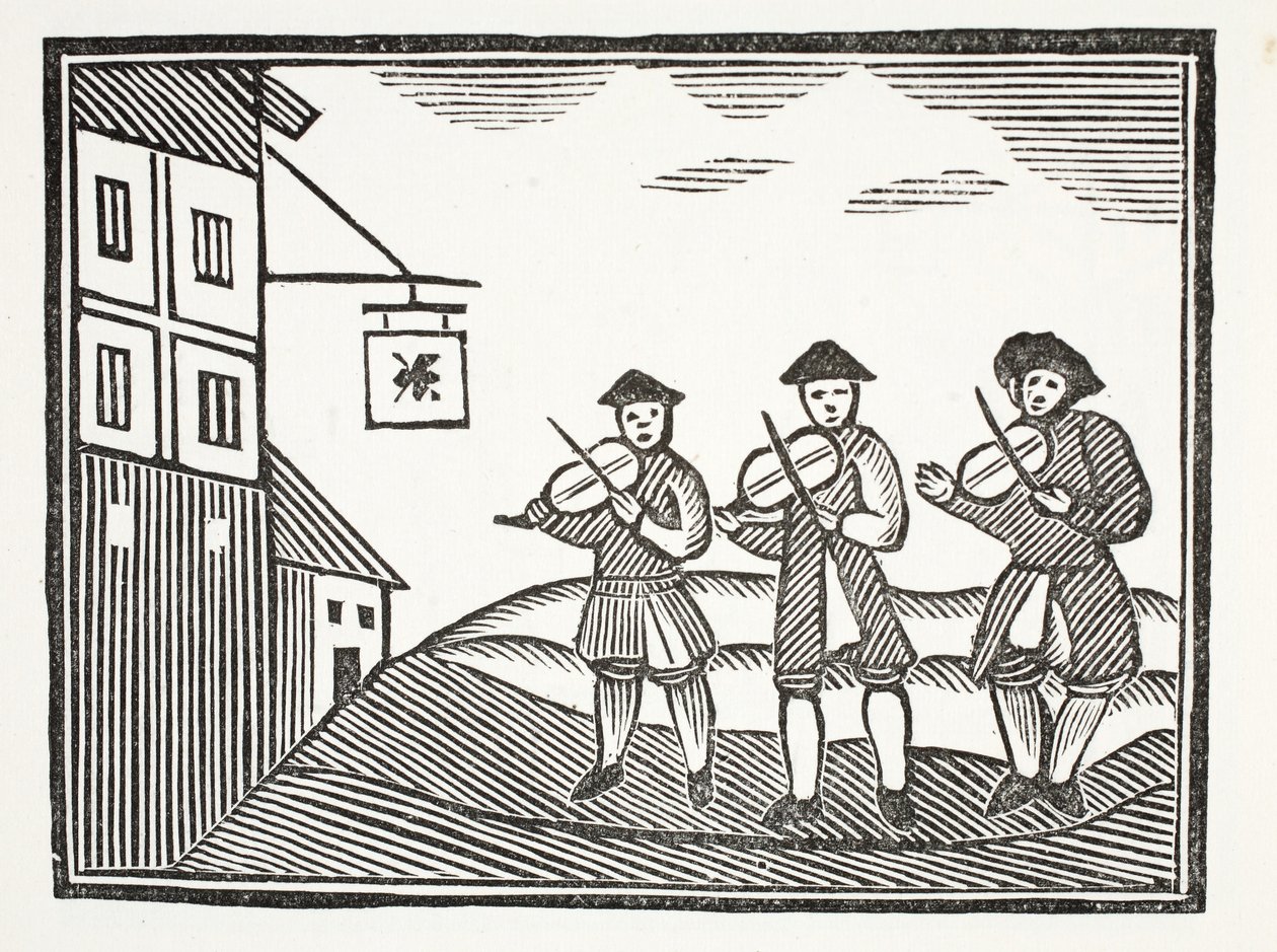 Trzech skrzypków na Thames Street, którzy rano udawali pana młodego, który nie dawał im nic do picia, ilustracja z książki Chap-books of the Eighteenth Century Johna Ashtona, wyd. 1882 autorstwa English School
