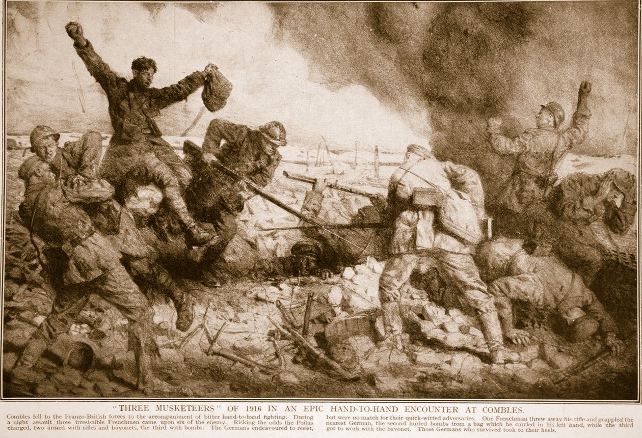 Trzej muszkieterowie z 1916 roku w epickiej walce wręcz w Combles, 1914-19 autorstwa English School