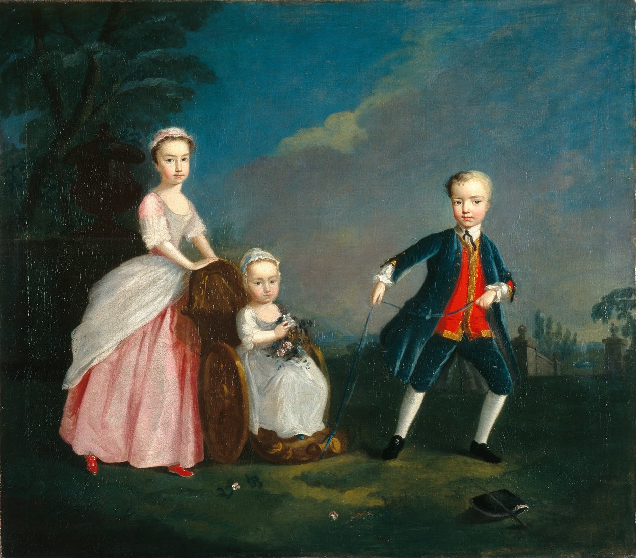 Troje dzieci w parku, ok. 1750 r. (olej na płótnie) autorstwa English School