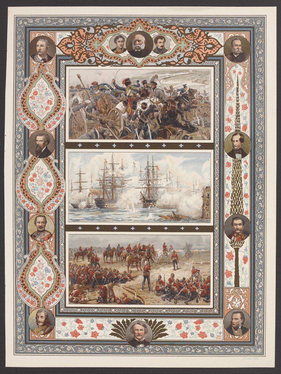 Trzy winiety przedstawiające sceny bitew morskich i lądowych, w tym „Relief of the Light Brigade” R. Catona Woodville