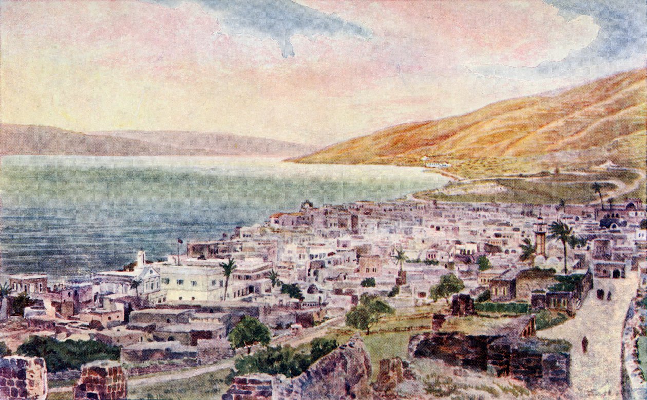 Tyberiusz i Morze Galilejskie, Izrael, ok. 1910 r. (litografia kolorowa) autorstwa English School