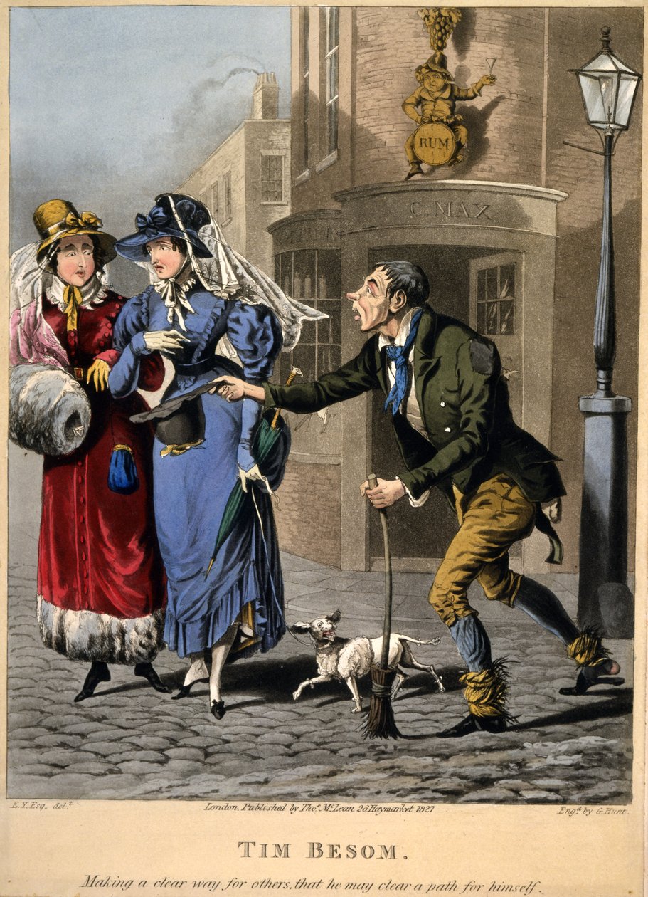 Tim Besom - torując drogę innym, aby mógł utorować sobie drogę. Grawerowane przez G Hunt, Pub. Tys. McLean, Londyn, 1827 (ręcznie barwiony grawerunek) autorstwa English School