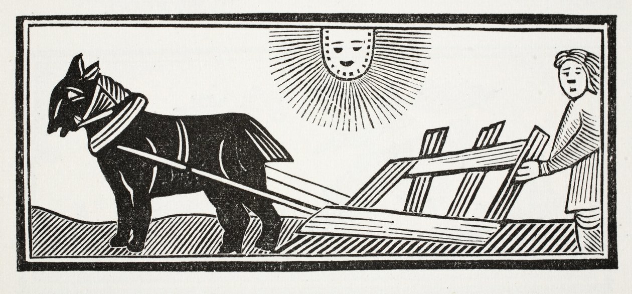 To Pług, który rozbija wnętrzności Ziemi do siewu Kukurydzy, ilustracja z książki Rozdz. XVIII w. autorstwa Johna Ashtona, wyd. 1882 autorstwa English School