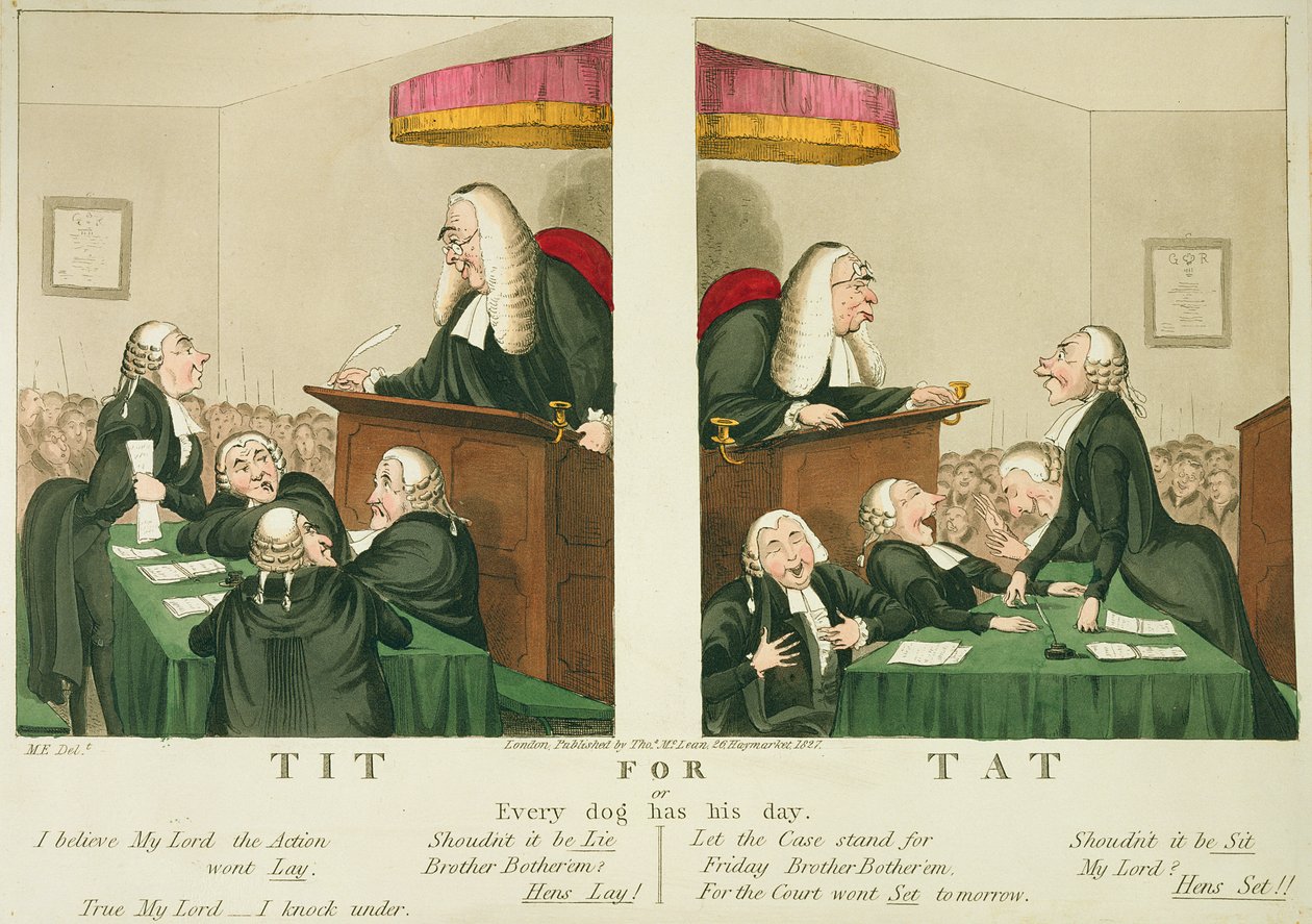 Tit for Tat, czyli każdy pies ma swój dzień, wyd. Thomas McLean, Londyn, 1827 autorstwa English School