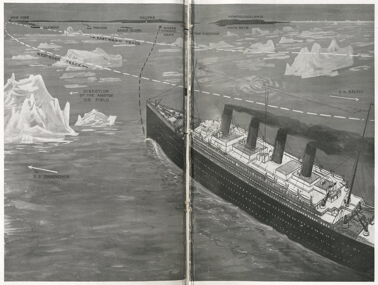 Titanic w krze lodowej, z „The Sphere”, 20 kwietnia 1912 (lit) (detal 450874) autorstwa English School