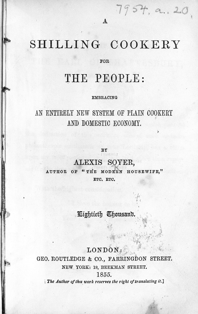 Strona tytułowa dla A Shilling Cookery for The People autorstwa Alexis Soyer, opublikowana w 1855 r. (papier drukowany) autorstwa English School