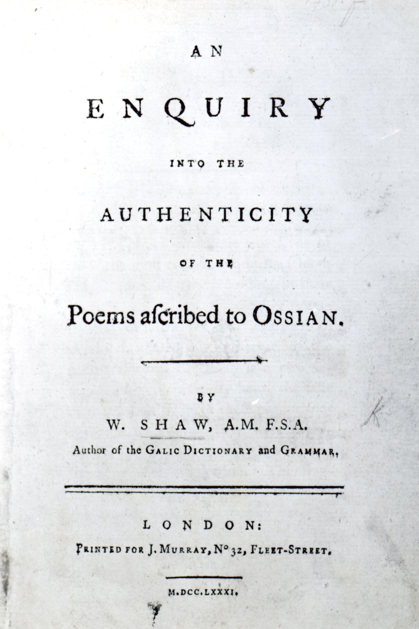 Strona tytułowa Zapytania o autentyczność wierszy przypisywanych Osianowi przez Williama Shawa, opublikowana w 1781 r. (papier drukowany) autorstwa English School