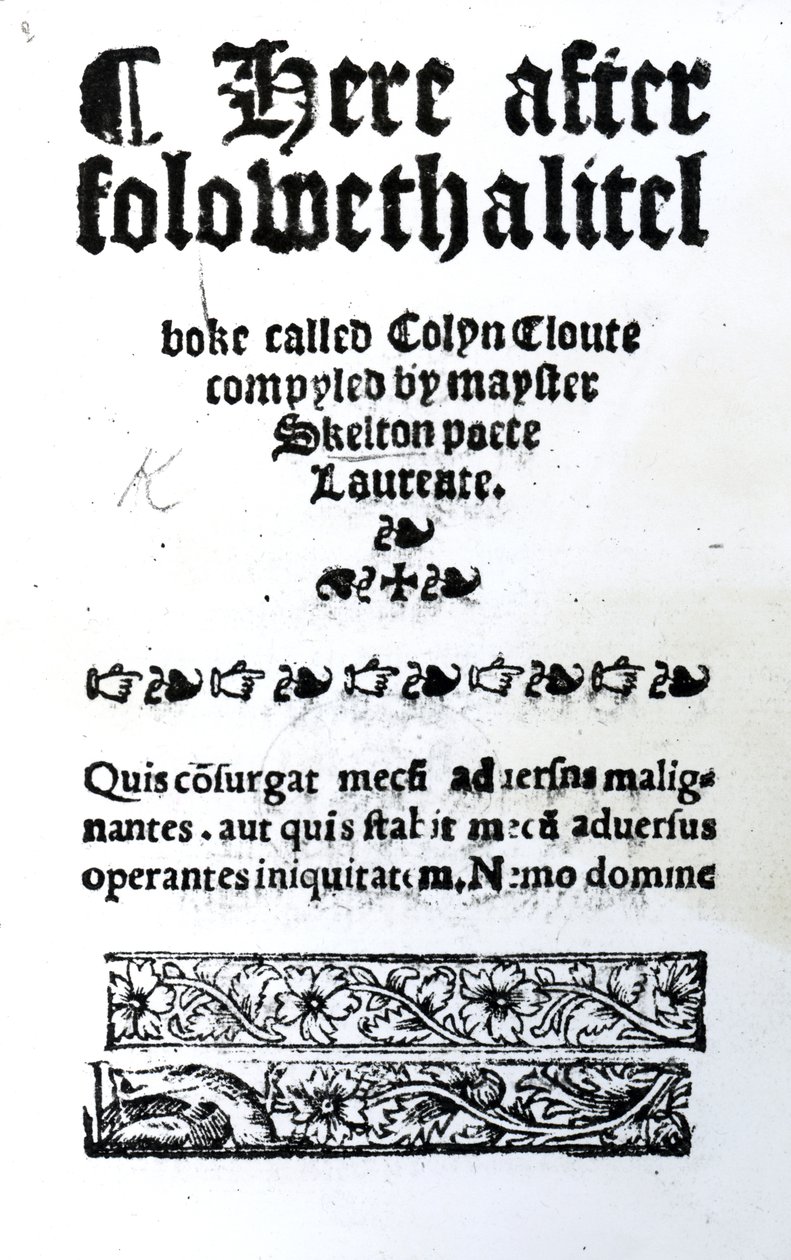Strona tytułowa dla Colina Cloute autorstwa Johna Skeltona, opublikowana ok. 1550 (papier drukowany) autorstwa English School