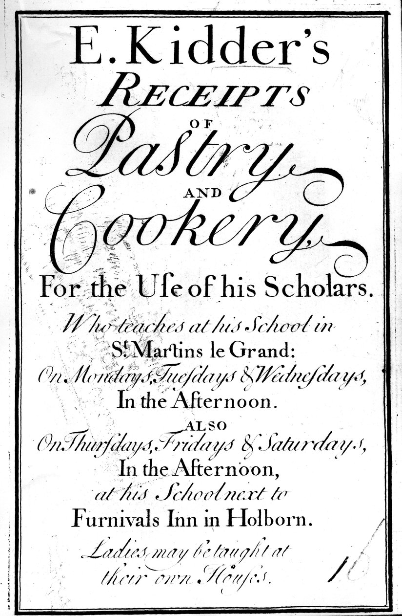 Strona tytułowa dla E. Kidders Receipts of Pastry and Cookery, autorstwa Edwarda Kiddera, opublikowana ok. 1730 r. autorstwa English School