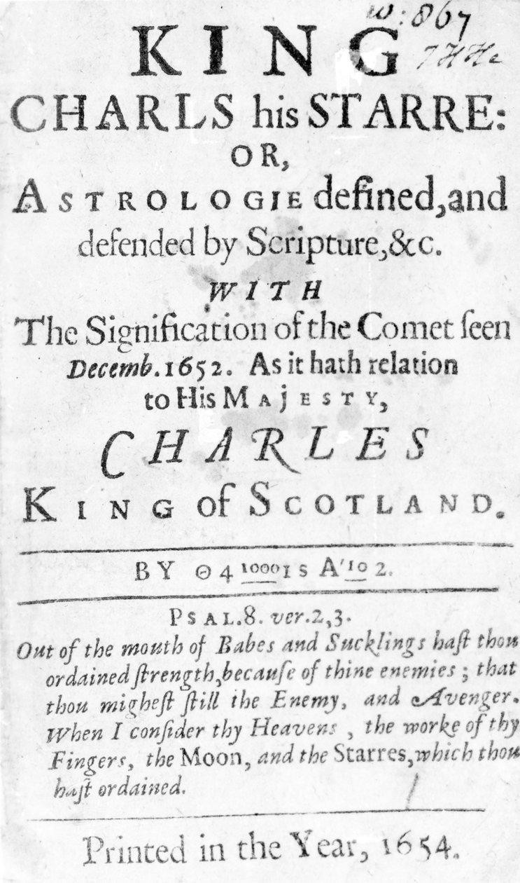 Strona tytułowa dla króla Karola jego Starre: Lub, Astrologia zdefiniowana i broniona przez Pismo Święte itp., opublikowana w 1654 r. (druk typograficzny) autorstwa English School